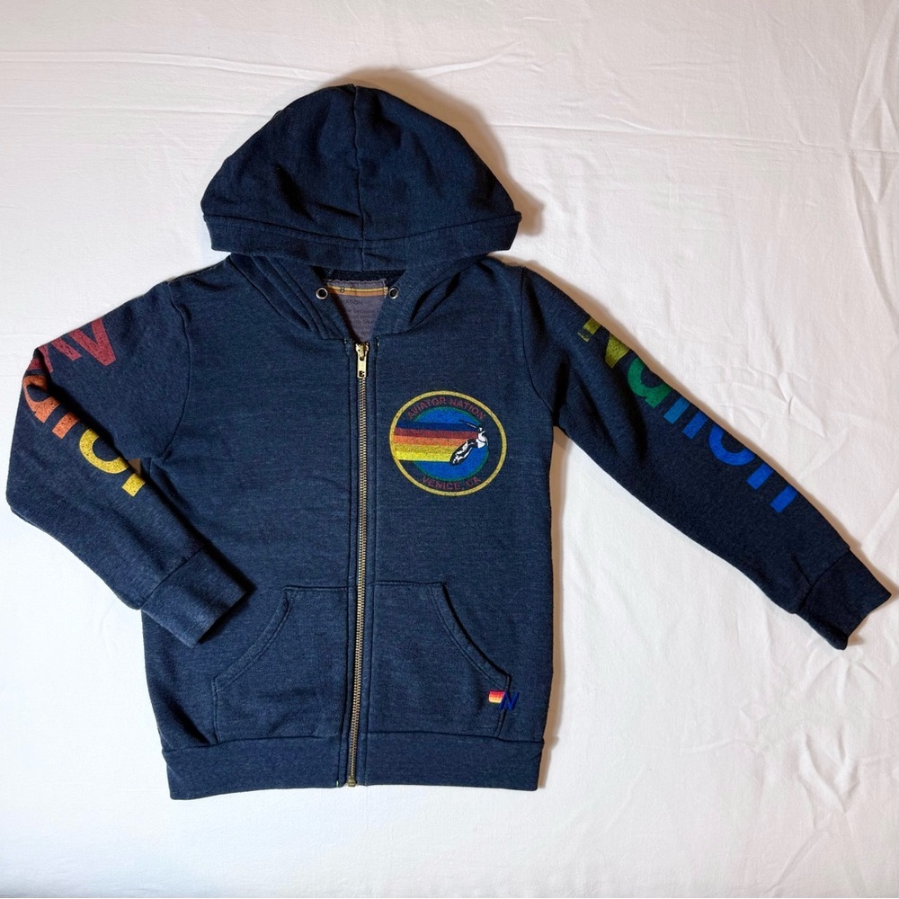 Aviator Nation Zip Hoodie Boys 8 Girls Unisex Rainbow Sleeve Graphics Sweatshirt